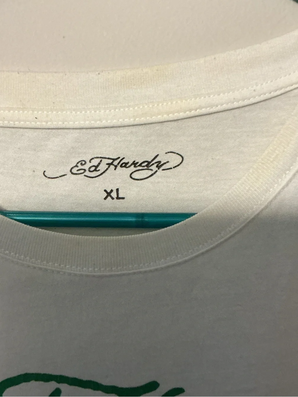 Ed Hardy White Tee with Flaming Skull and Crossed Swords Graphic